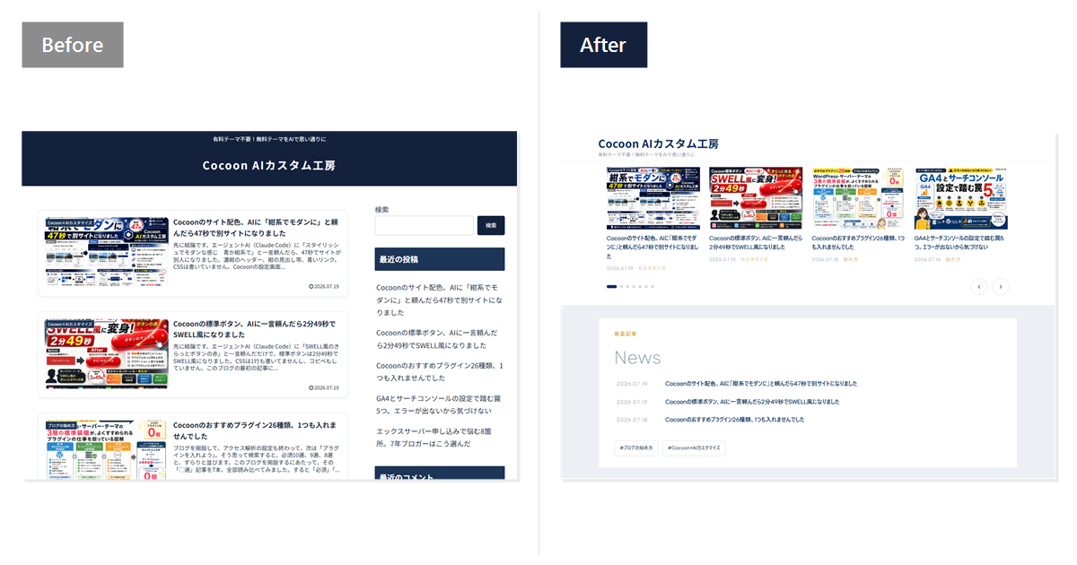 Cocoonのトップページ、Before(ブログ型)とAfter(サイト型)の比較