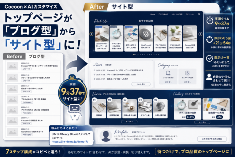 Cocoonのトップページ、AIに「JIN:RのNavy Blueみたいにして」と頼んだら9分37秒でサイト型になりました
