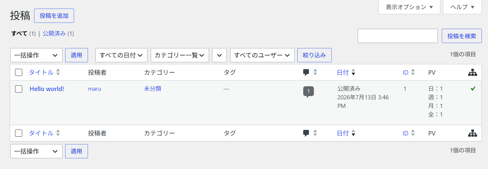 開設直後の投稿一覧。Hello world!が1本だけで、カテゴリは未分類の状態